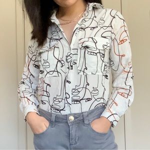 Face Line Art Print Button Up Blouse